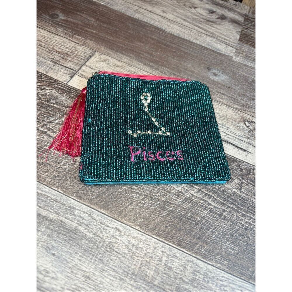 Beaded Pisces Zodiac Coin Purse | Teal & Pink Astrology Pouch with Rhinestone Co